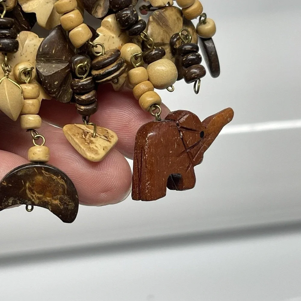 Vintage African Safari Hair Barrette Hand Carved Wooden Elephants Beads Floral